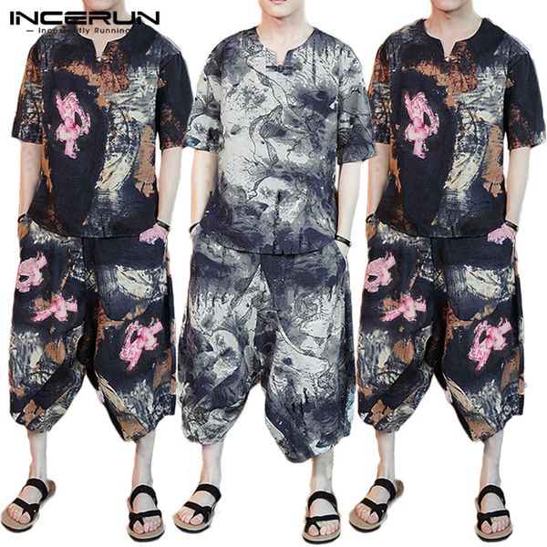 men's tracksuits men chic print half sleeve fashion t-shirt+calf-length pants casual set retro comfort baggy mens suits summer streetwe, Gray
